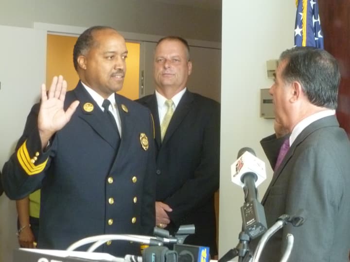 Charles Spaulding is sworn in as the new chief fire marshal for the City of Stamford by Mayor Michael Pavia. 