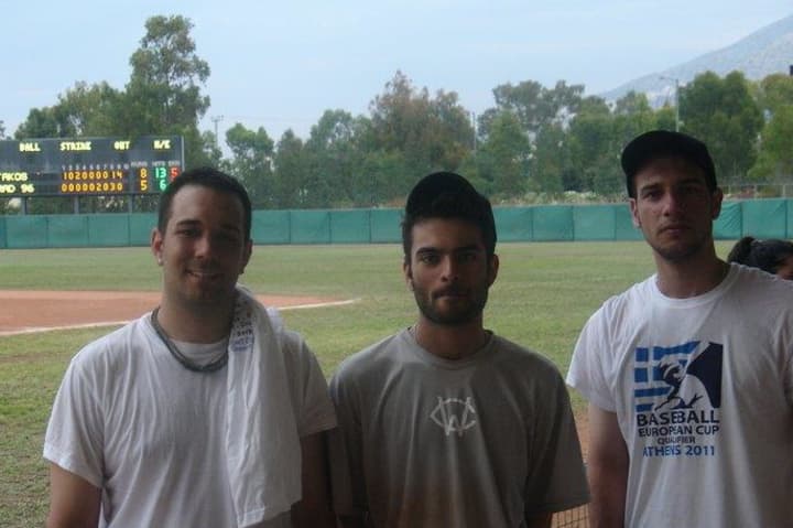 WestConn graduate Angelo Tsingerliotis, center, seen here with his Greek National Team teammates in Greece in 2012, is awaiting an invitation back to the team for the 2014 European Championship.