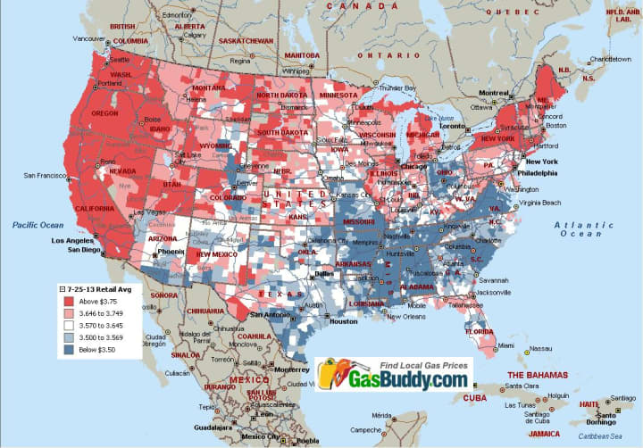 The redder the map, the more gas costs. Blue? It&#x27;s cheaper there. 