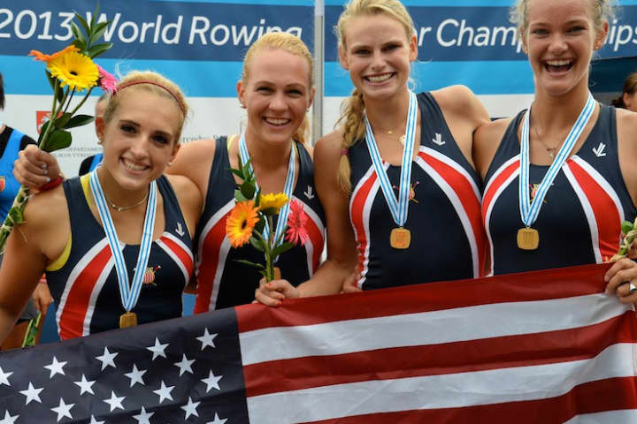 Galen Hughes of Greenwich, second from left, celebrates with U.S. teammates after winning a gold medal at the World Rowing Junior Championships.
