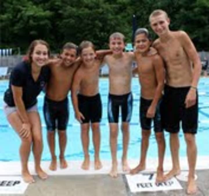 The Lakeside Field Club of North Salem relay team broke a club  record recently. Pictured, from left, are Coach Alexis Valedon, Brett D&#x27;Alexander, Aidan Robin, Ben Leicht, Rian Balbino, Coach Jake Acito