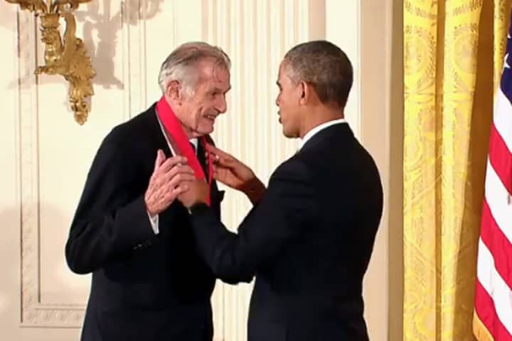 Westport sports writer Frank Deford receives a 2012 National Humanities Medal from President Barack Obama last month. 
