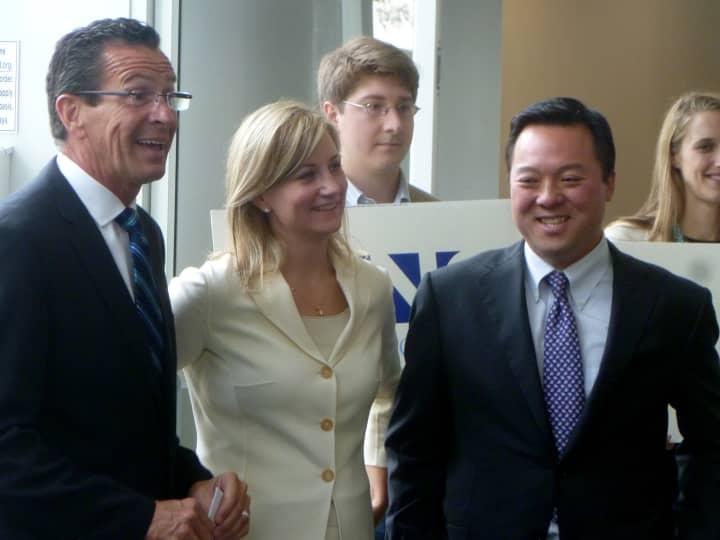Gov. Dannel Malloy endorsed State Rep. William Tong, in his run for Mayor of Stamford, the two are seen here with Tong&#x27;s wife, Elizabeth. 