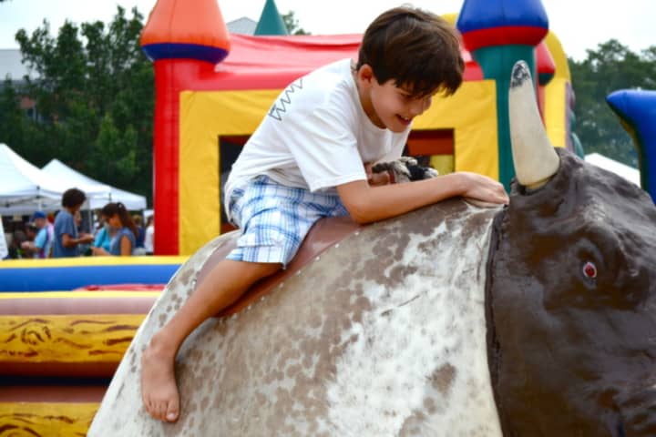 A boy rides a mechanical bull at Westport&#x27;s sixth annual  Blues, Views &amp; BBQ Festival Sunday.