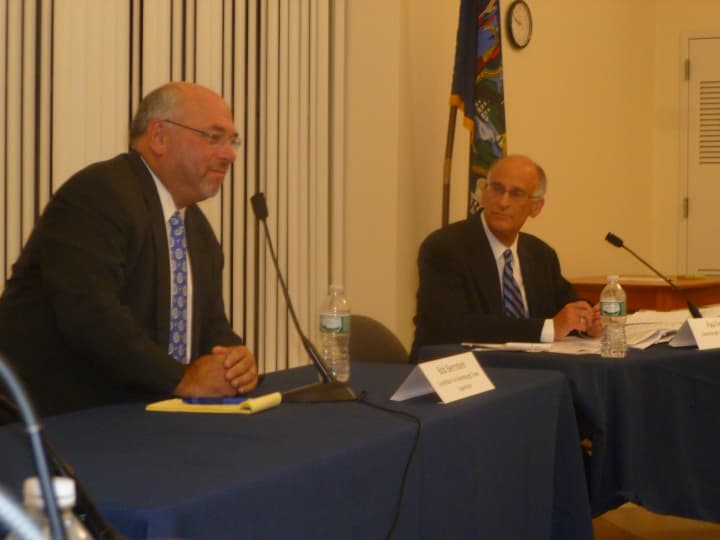 Bob Bernstein, left, and Greenburgh Town Supervisor Paul Feiner squared off in a pre-primary debate in Hastings.