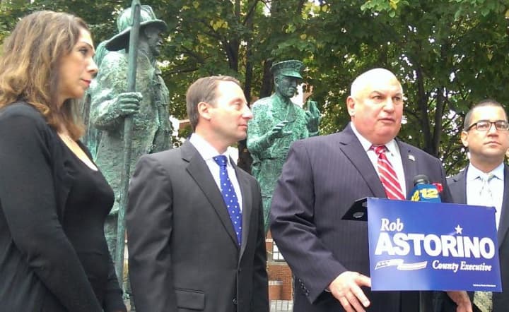Westchester County Executive Rob Astorino was endorsed for re-election today by the New York State Police Chiefs Benevolent Association beneath the police and fire statue in front of White Plains City Court. 