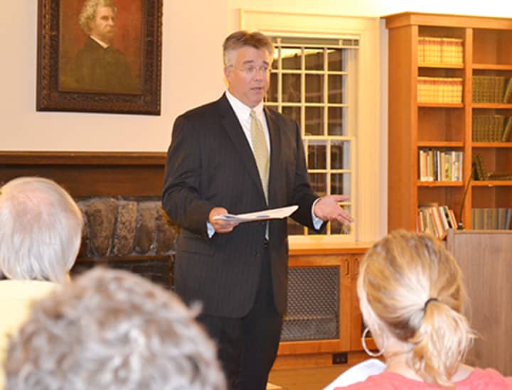 State Rep. John Shaban addresses residents at a recent town hall meeting at the Mark Twain Library in Redding. 