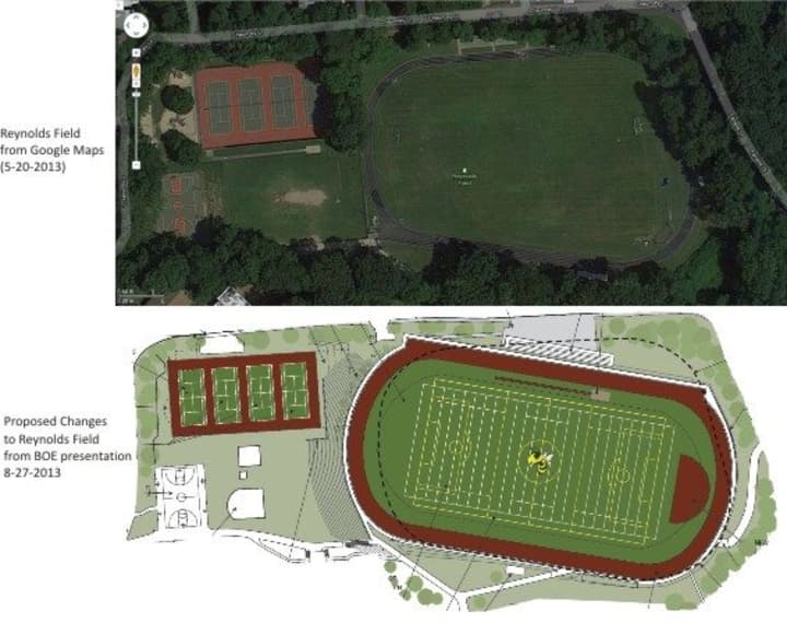 The Reynolds Field complex (top) as it is now and the proposed new complex rendering (bottom).