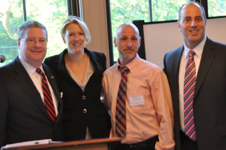Ali Boak, Pound Ridge Democratic candidate for Town Supervisor (second from left) with Peter Harckham, County Board of Legislators; Phil Goldstein, Westchester County Social Services, and Steven Vandervelden, Westchester County DA&#x27;s office.