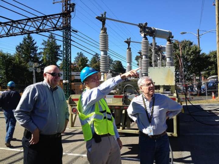 MTA Chairman Tom Prendergast and Metro-North President Howard Permut visited the Harrison train station last weekend to see Con Edison&#x27;s progress in coming up with a temporary solution to the power outage along the New Haven Line.