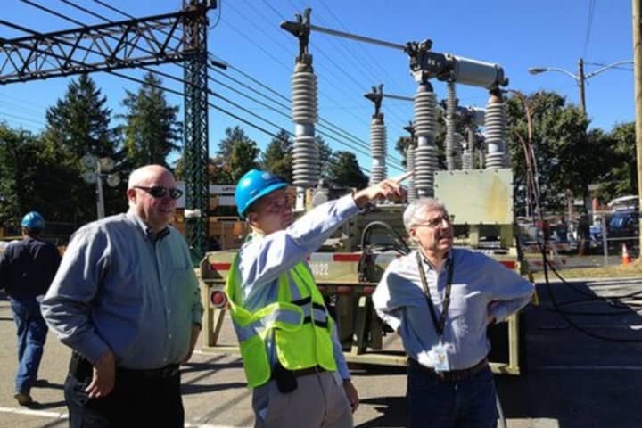 MTA Chairman Tom Prendergast and Metro-North President Howard Permut visited the Harrison train station last weekend to see Con Edison&#x27;s progress in coming up with a temporary solution to the power outage along the New Haven Line.
