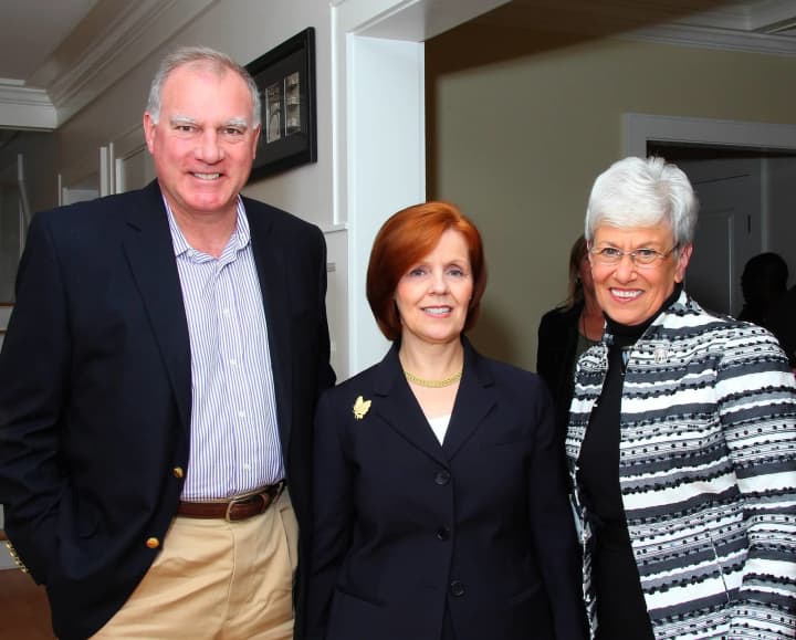 Democratic candidate Catherine Albin, center, received endorsements from Lieutenant Governor Nancy Wyman and Attorney General George Jepsen for Board of Finance at a campaign event on Saturday, Oct. 12. 