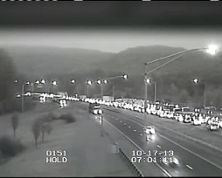 An image from a Connecticut Department of Transportation camera shows the traffic backup on westbound I-84 on Thursday morning. 
