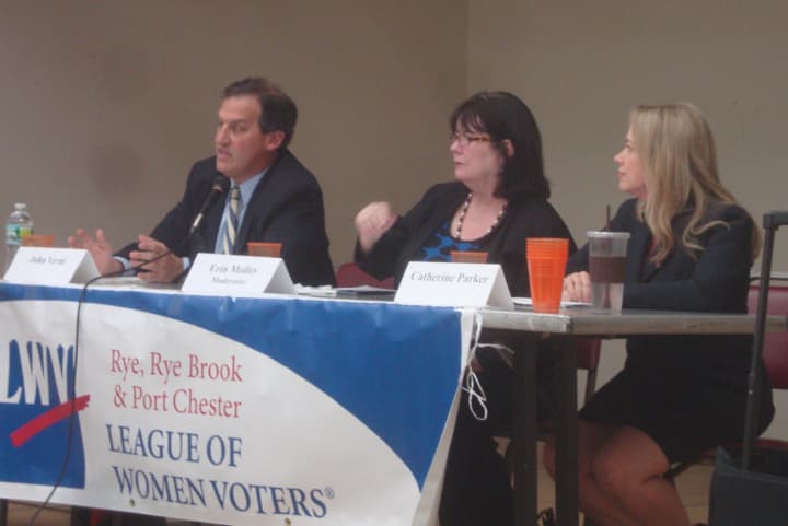 Westchester County District 7 candidates John Verni and Catherine Parker discuss county issues at a forum in Harrison.