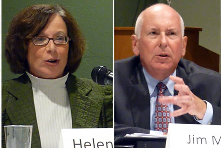 Westport First Selectman candidates Helen Garten, a Democrat, and Jim Marpe, a Republican, discuss environmental issues Monday night in a debate at Earthplace.