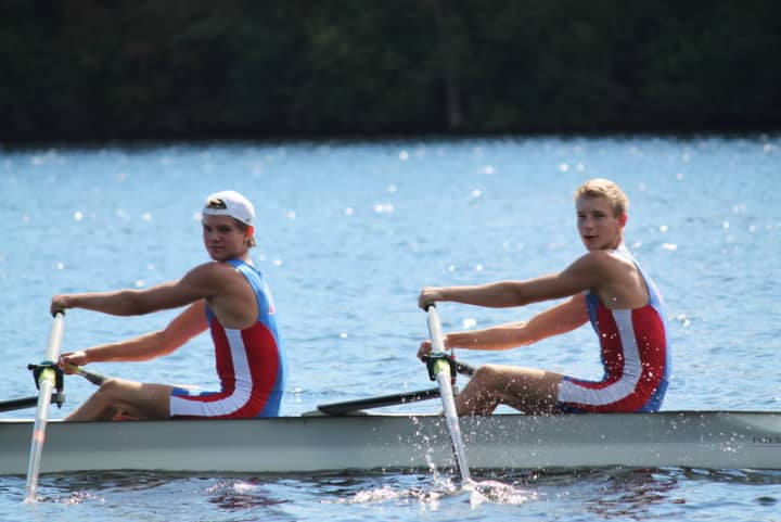 Pound Ridge residents Liam McDonough, left, and Kris Petreski, row to a first-place finish at the Head of the Merrimack.