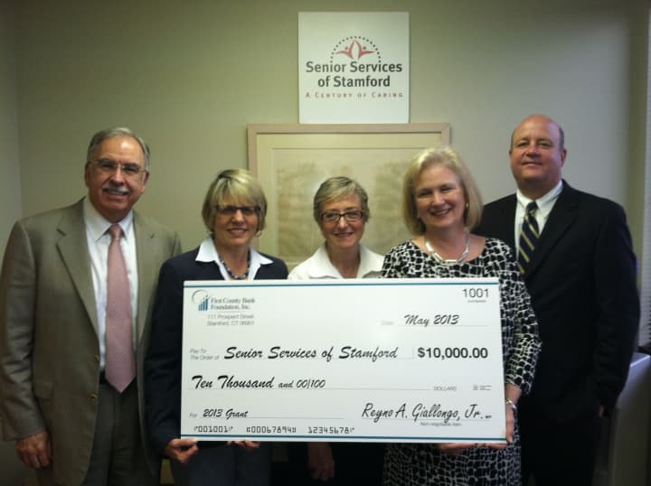Members of First County Bank, pictured here with Senior Services of Stamford awarded $28,000 to Greenwich not for profits recently. 