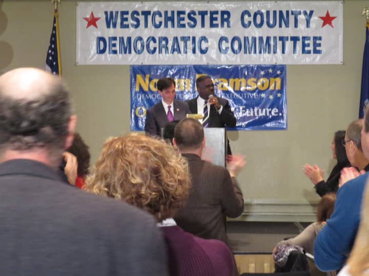 Noam Bramson is welcomed on stage by Legislator Ken Jenkins prior to delivering his concession speech at the Westchester Hilton in Rye Town.