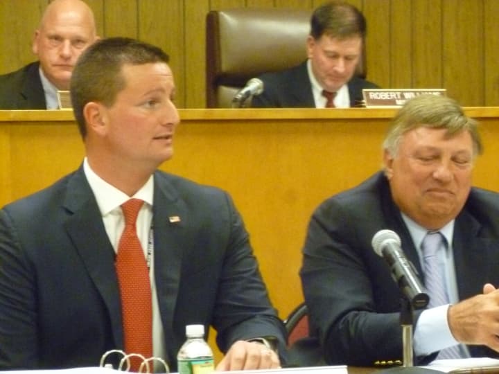 Elmsford&#x27;s School Superintendent Dr. Joseph Ricca, left, seated with Board of Education President Michael Colasuonno last month, annouced the Board would opt out of &quot;Race To The Top&quot;.

