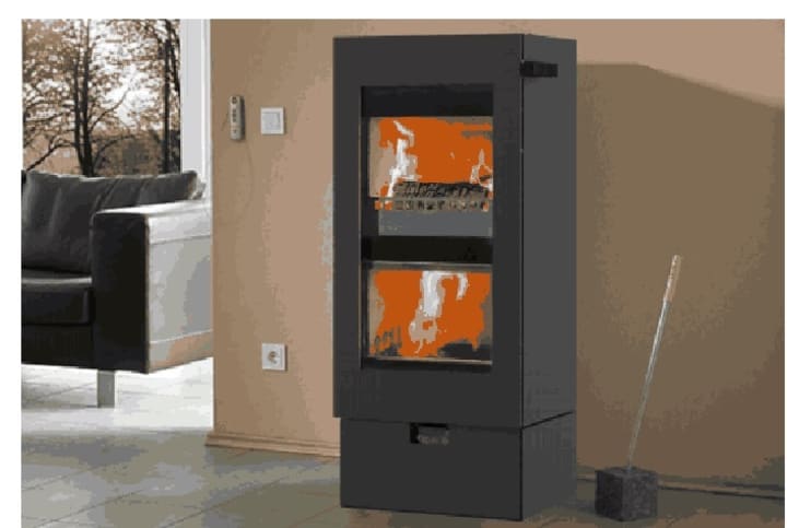 The Twinfire SOLO woodburning stove has 93 percent efficiency in heat output and includes a double-chambered burn system.