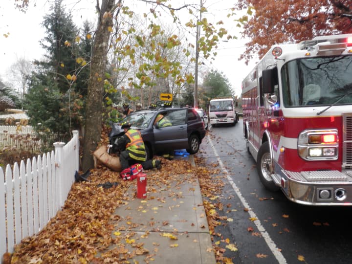 The driver of a car that crashed into a tree on Westport&#x27;s Bridge Street on Tuesday morning was hospitalized. 