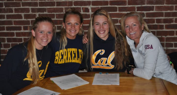 Darien rowers (left to right) Kendra Shutts, Katie DeHaas and Juliet Ruhe will continue their rowing careers at Cal. They are shown with Connecticut Boat Club coach Liz Trond.