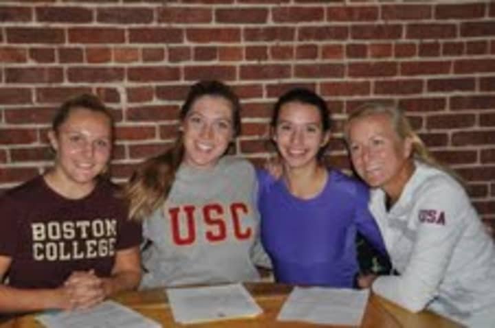 Fairfield&#x27;s Jessica Ferrante, left, and Isabel Fitter, second from left, joined Weston&#x27;s Haley Bower (second from right) in making their college selections. They are with coach Liz Trond of the Connecticut Boat Club.