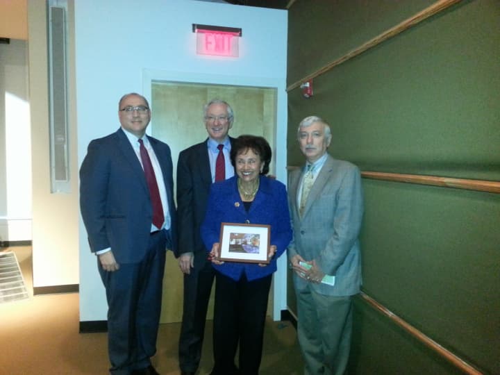 At the awards ceremony, from left: Jonathan H. Hill, associate dean, Pace University, Sean Solomon, director of Lamont-Doherty, Congresswoman Nita Lowey, and Kurt Becker, associate provost for research, New York University.  