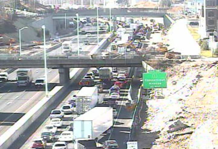A screenshot from a Connecticut Department of Transportation camera at I-95 southbound near Exit 15 for Stuart Avenue in Norwalk shows the growing traffic backup. 