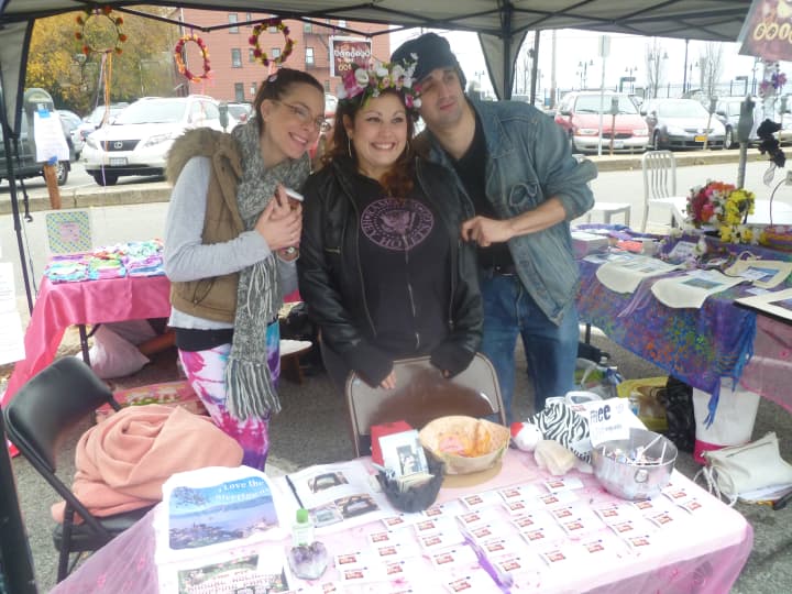 Glitter &amp; Grime partners Rosie Vadella and Dina Sciortino with a friend at the Hastings Flea.
