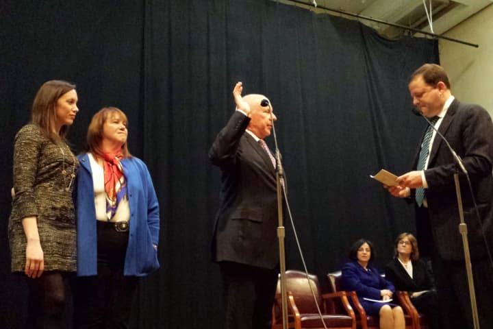 Jim Marpe was sworn in as Westport&#x27;s new first selectman Monday in a ceremony attended by hundreds.