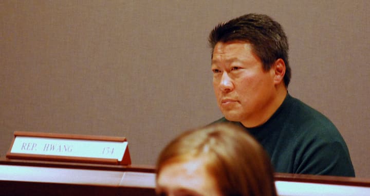 State Rep. Tony Hwang (R-Fairfield) sits in on an informal hearing to help protect the rights of sexual assault victims on state campuses. 