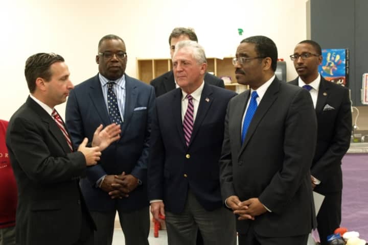 From left: State Sen. Bob Duff, NEON CEO Tommie Jackson, Norwalk Mayor Harry Rilling and State Rep. Bruce Morris discuss the future of Norwalk&#x27;s Head Start program.