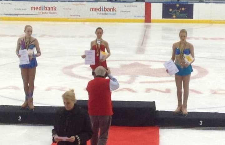Redding&#x27;s Brooklee Han stands on the top step of the podium after winning the Senior Ladies title at the Australian Figure Skating championships Friday in Melbourne. 