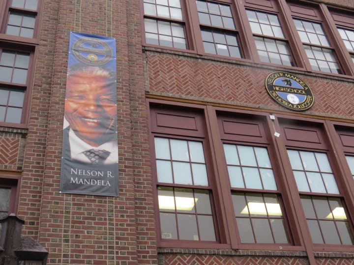 Nelson Mandela&#x27;s likeness outside of Nelson Mandela/Dr. Hosea Zollicoffer High School in Mount Vernon.