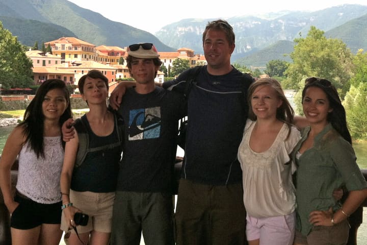 From left are Jocelyn Rivas, Alison Marchione, Matt Cole, Professor John Rapaglia, Sarah DeWolf and Christina Giglio on the Ponte degli Alpini in Bassano del Grappa, Italy.
