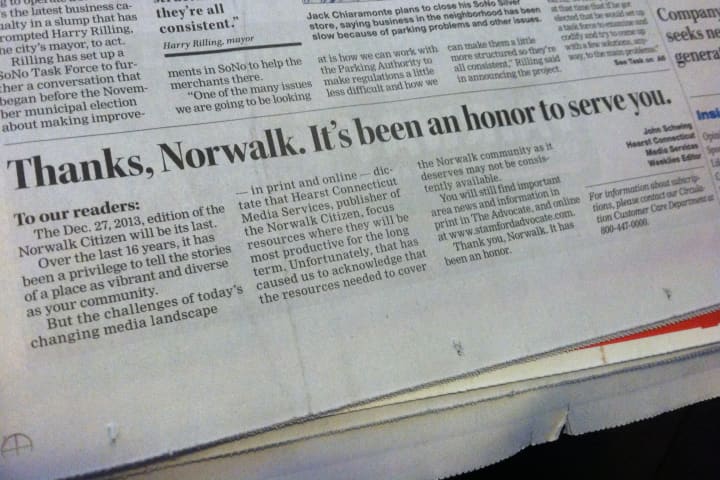 Friday&#x27;s Norwalk Citizen announces its next issue will be its last.