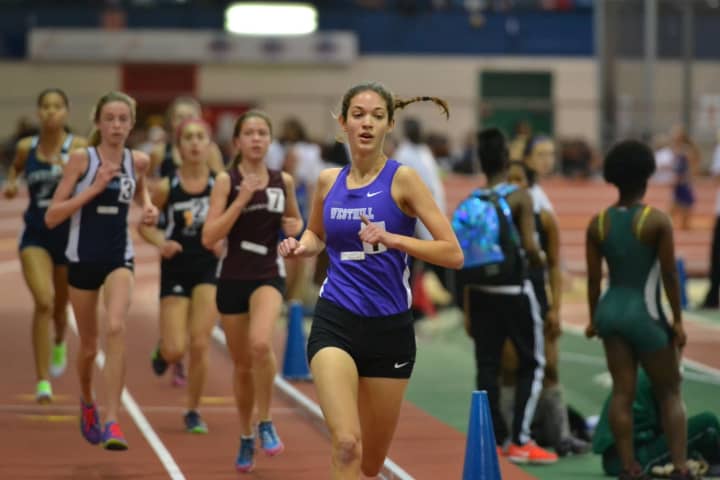 Westhill&#x27;s Claire Howlett paces the field in the 2-mile at the Loughlin Games Saturday in New York.