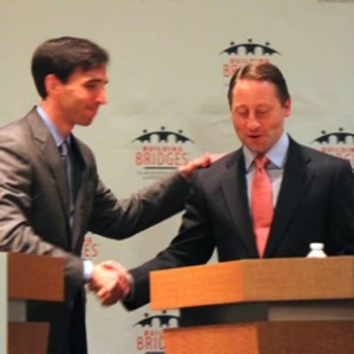 Noam Bramson shakes Rob Astorino&#x27;s hand before their first debate for county executive.