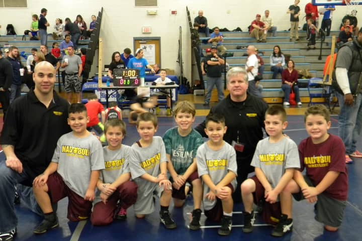 Mad Bulls (left to right) at Bristol included coach Jason Singer, his son Jason Singer, Mikey Bartush, Colin Falla, Jack Cahill, Nicholas Singer, Coach Art Schad, Jacob Gonzales and Doug Cahill. Missing is Zavier Hernandez. 