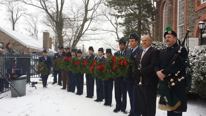 CAP Westchester Cadet Squadron 1 Ceremonial detail and guests gather to lay the sponsored wreaths.