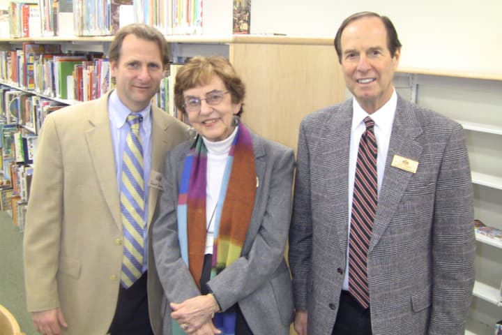 Attending the re-opening of the Pound Ridge Library Children&#x27;s Room is David Dow, President of the Library Board, Marilyn Tinter, Library Directory and Jon Posner, President of the Pound Ridge Library Foundation.
