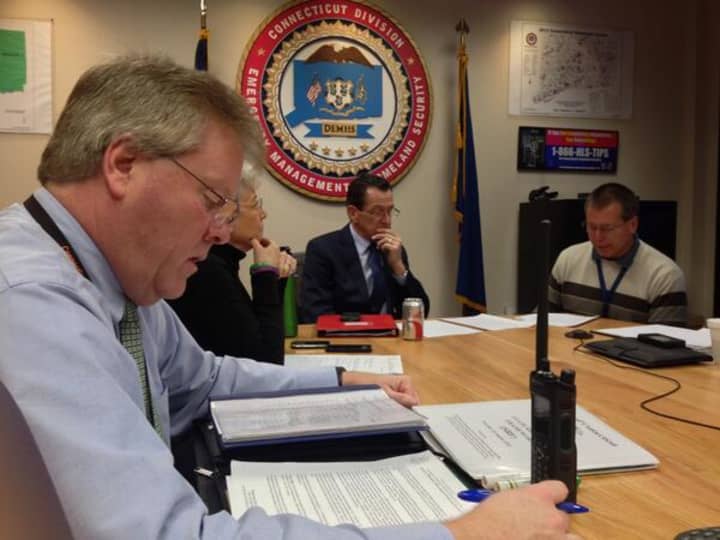 Gov. Dannel Malloy monitors the impending snowstorm from the state Emergency Operations Center in Hartford.