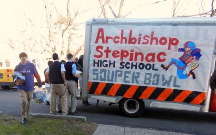 Archbishop Stepinac High School holds its canned &quot;Souper Bowl&quot; drive.