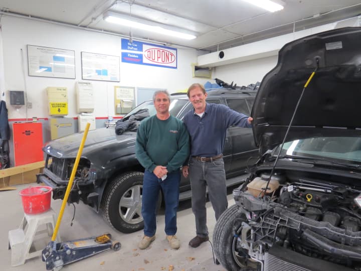 Harold Howell and Joe Gentile at Charlie&#x27;s Auto Body Shop in Scarsdale.