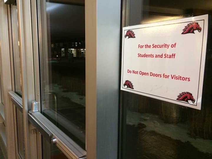 At Fairfield Warde High School, a sign keeps students and teachers aware of the constant concern for their safety. 
