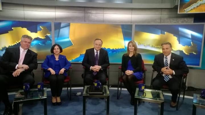 Rep. John Shaban (Redding), Sen. Toni Boucher (Wilton), Tom Appleby, host, Rep. Themis Klarides (Derby) and Rep. Fred Camillo (Greenwich) on &quot;Focus on Connecticut.&quot;