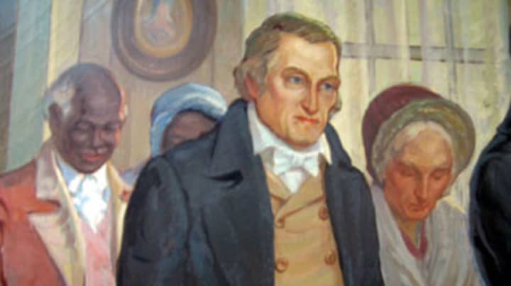 John Peter Delancey, with his wife and three of his slaves. From the mural The Marriage of James Fenimore Cooper to Susan DeLancey, 1811?