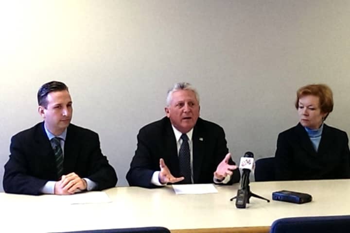 Norwalk Mayor Harry Rilling, center, speaks at a press conference on Tuesday naming his new Business Advisory Council.