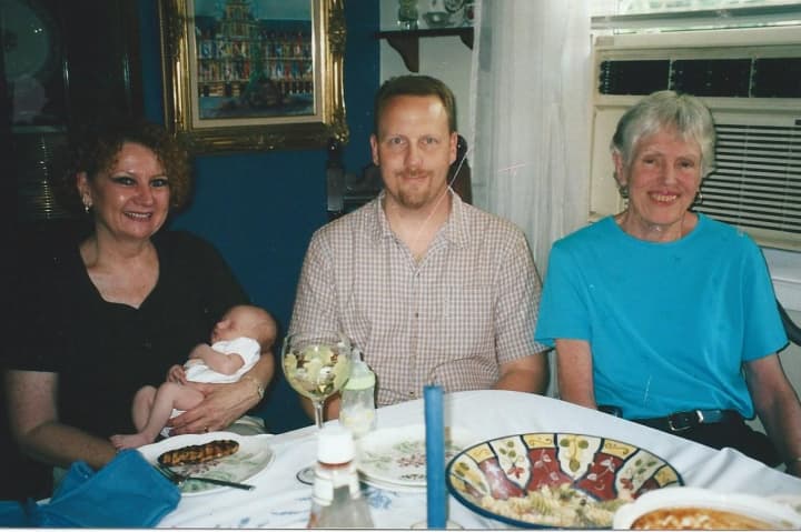 Penny Palmer, left, reconnected with her son, David, who she gave up for adoption in 1968. David&#x27;s adoptive mother, Joyce, and his young daughter (with Palmer) are also in the photo.